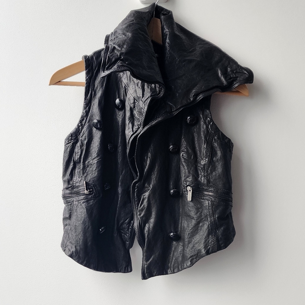 Karen Millen Leather Double Breasted Cropped Multi Button Bikercore Vest